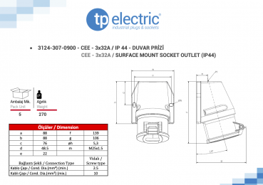 Preview: CEE Wandsteckdose 3P 32A 6H IP44